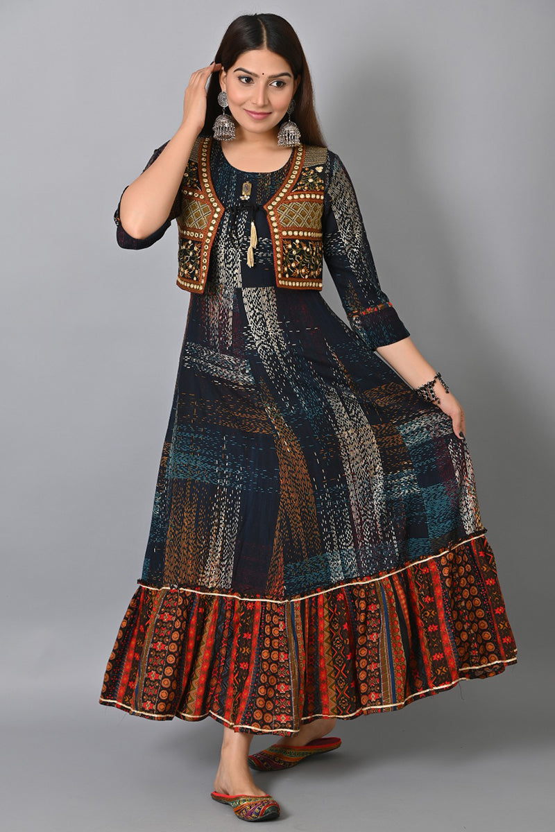 Blue Viscose Rayon Abstract Printed A-Line Kurta With Overcoat JPK1001BLU