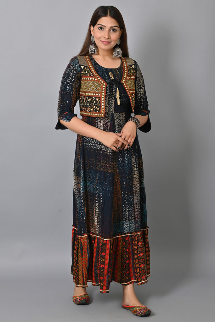 Blue Viscose Rayon Abstract Printed A-Line Kurta With Overcoat JPK1001BLU