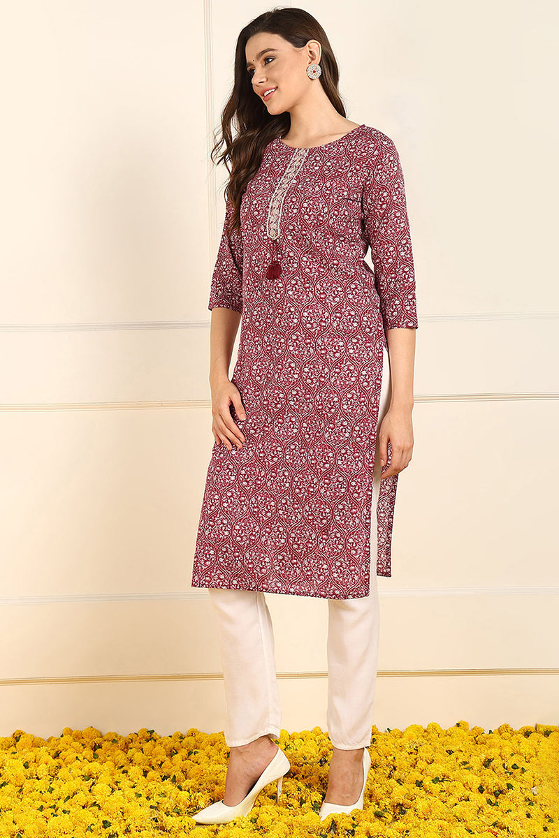 Burgundy Cotton Ethnic Motifs Printed Straight Kurta JPK1005MLB