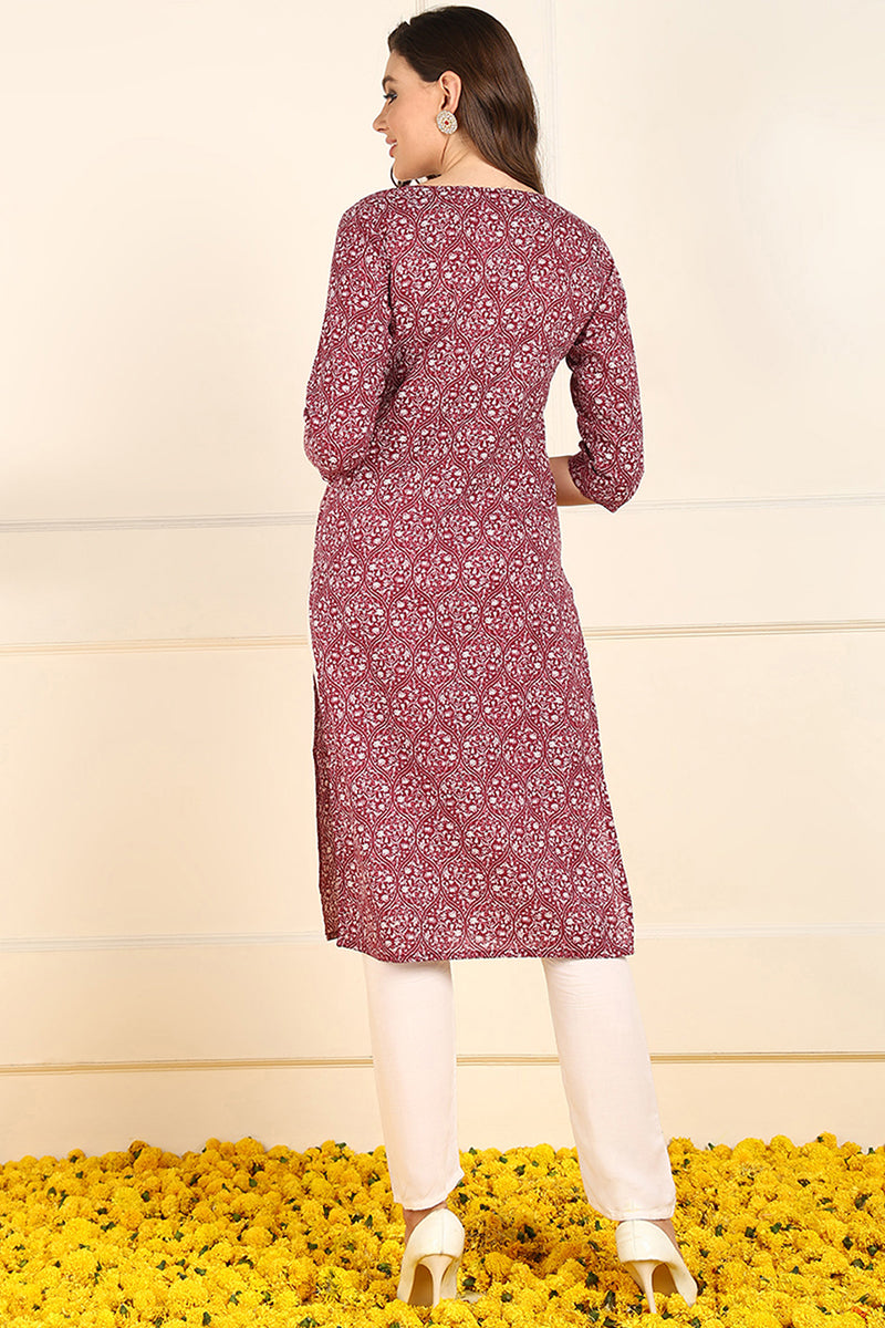 Burgundy Cotton Ethnic Motifs Printed Straight Kurta JPK1005MLB