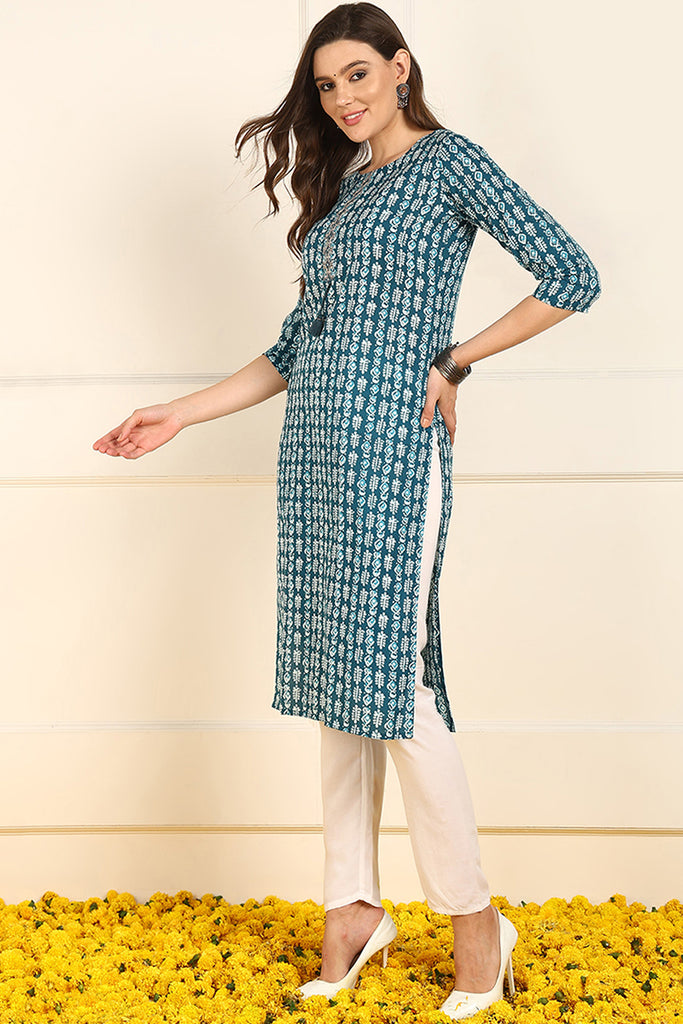 Teal Cotton Ethnic Motifs Printed Straight Kurta JPK1005TIL