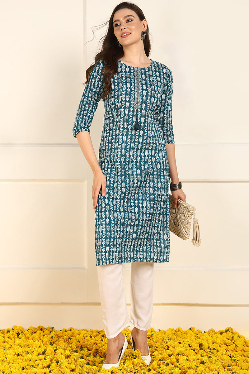 Teal Cotton Ethnic Motifs Printed Straight Kurta JPK1005TIL