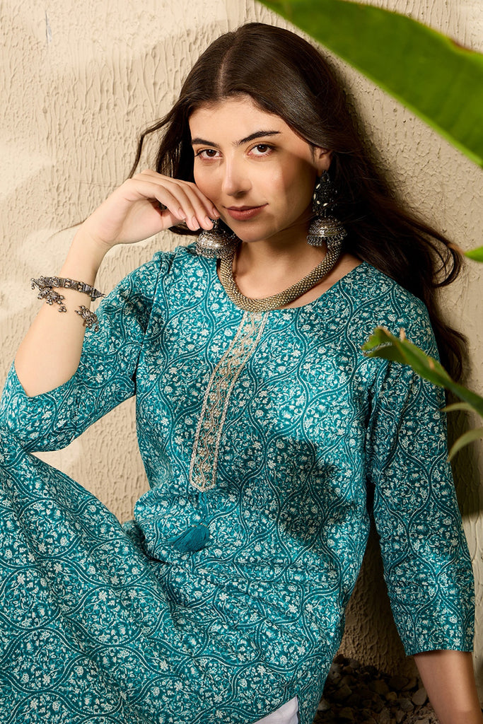 Teal Blue Cotton Ethnic Motifs Printed Straight Kurta JPK1006