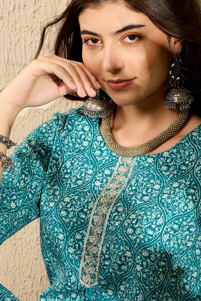 Teal Blue Cotton Ethnic Motifs Printed Straight Kurta JPK1006