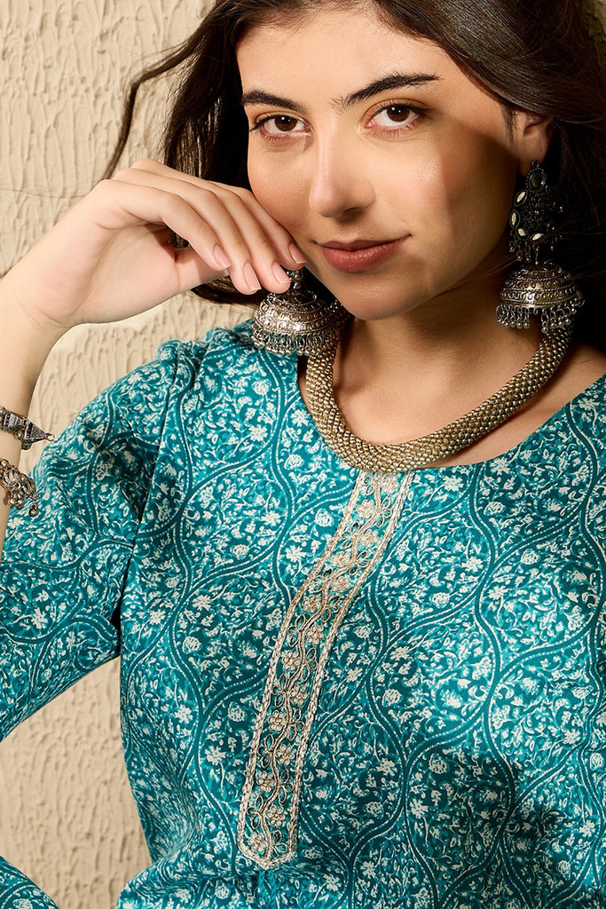 Teal Blue Cotton Ethnic Motifs Printed Straight Kurta JPK1006