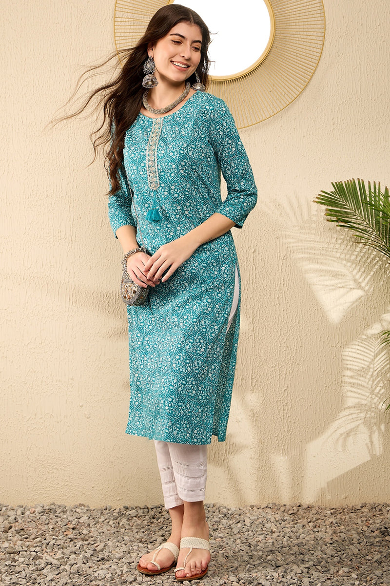 Teal Blue Cotton Ethnic Motifs Printed Straight Kurta JPK1006