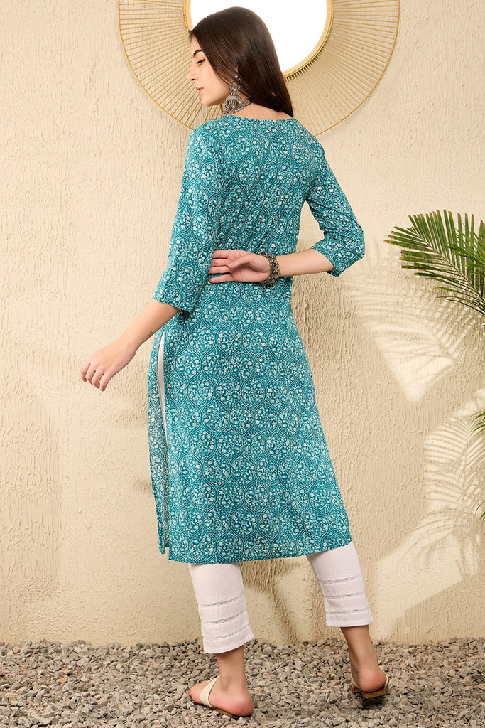 Teal Blue Cotton Ethnic Motifs Printed Straight Kurta JPK1006