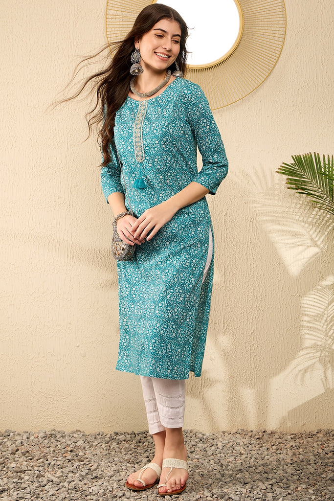 Teal Blue Cotton Ethnic Motifs Printed Straight Kurta JPK1006