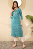 Teal Blue Cotton Ethnic Motifs Printed Straight Kurta JPK1006