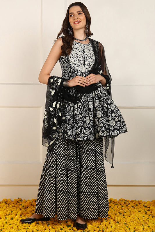 Black Cotton Floral Printed Embroidered Anarkali Suit Set JPSKD1003BLK