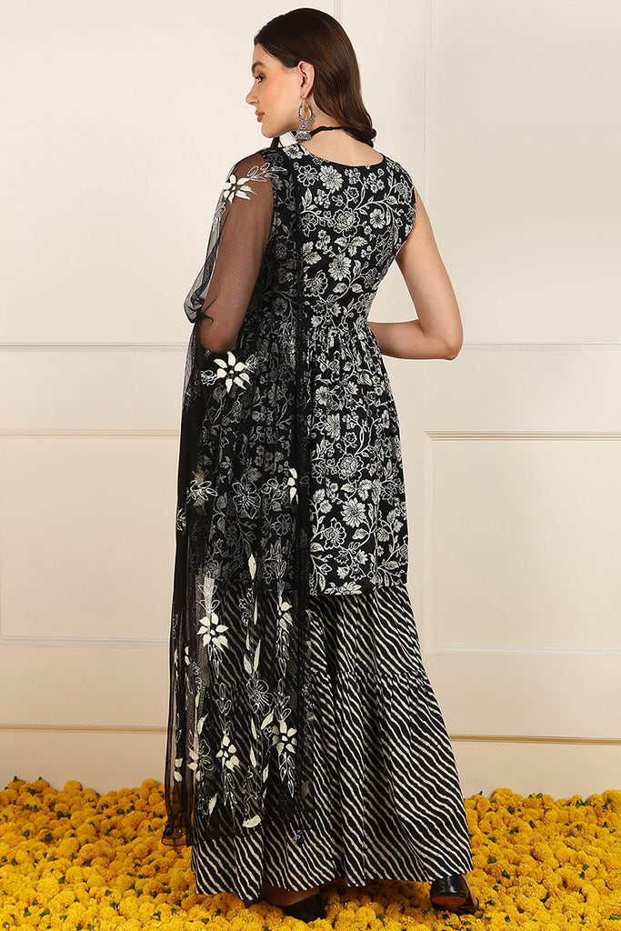 Black Cotton Floral Printed Embroidered Anarkali Suit Set JPSKD1003BLK