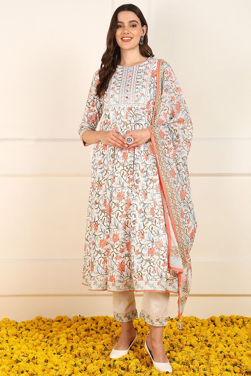 White and Peach Cotton Floral Printed Embroidered Anarkali Suit Set JPSKD1009PCH