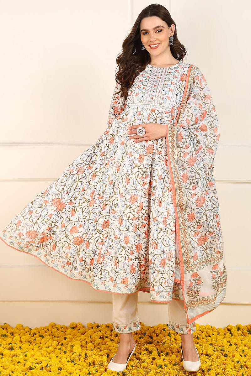 White and Peach Cotton Floral Printed Embroidered Anarkali Suit Set JPSKD1009PCH