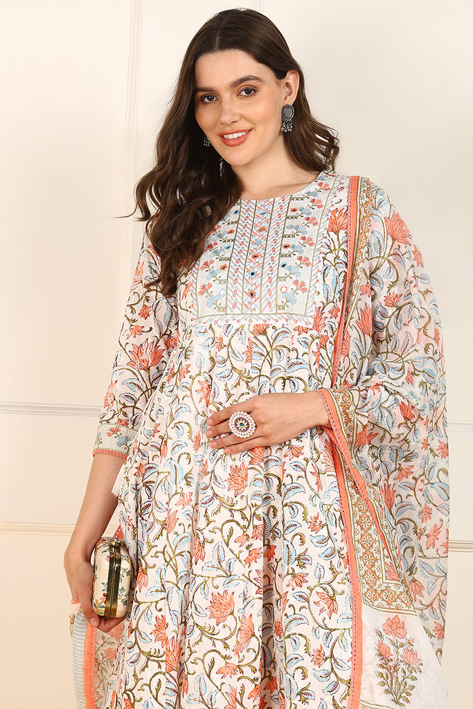 White and Peach Cotton Floral Printed Embroidered Anarkali Suit Set JPSKD1009PCH