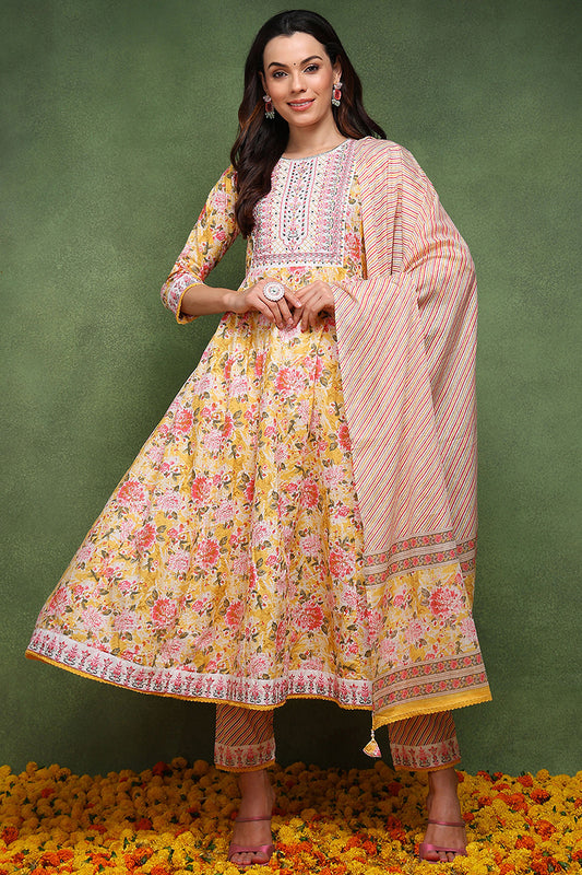 Yellow Pure Cotton Floral Embroidered Anarkali Suit Set JPSKD1010YLW