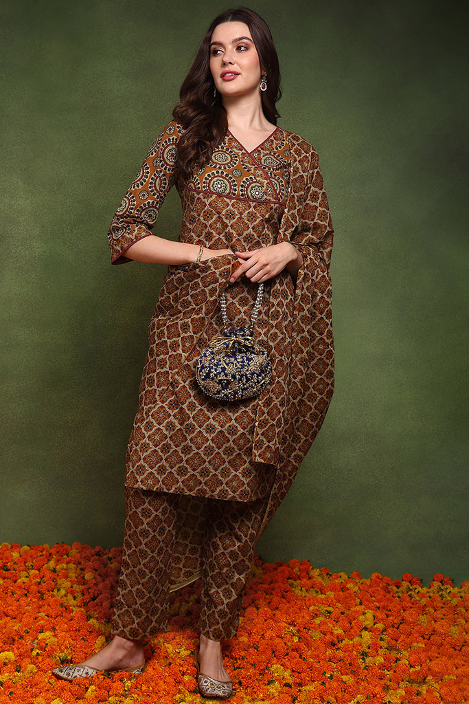 Mustard Pure Cotton Ethnic Motifs Printed Straight Suit Set JPSKD1013YLW