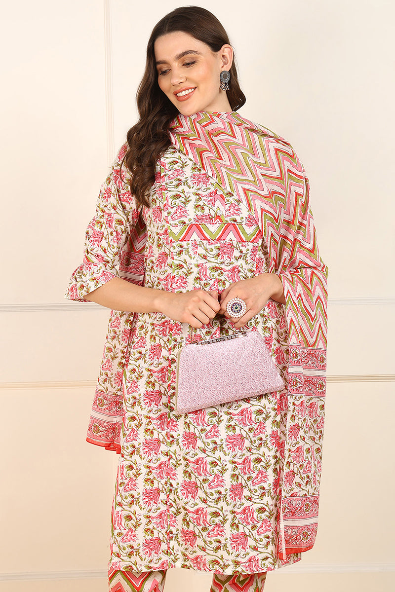 Pink Cotton Floral Printed Straight Suit Set JPSKD1014PNK