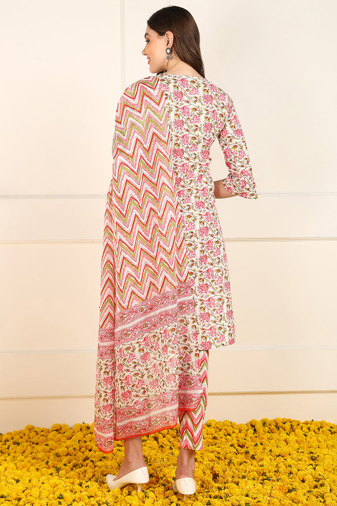 Pink Cotton Floral Printed Straight Suit Set JPSKD1014PNK