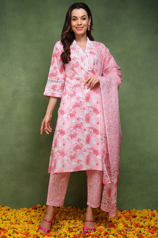 Pink Pure Cotton Floral Printed Straight Suit Set JPSKD1015PNK