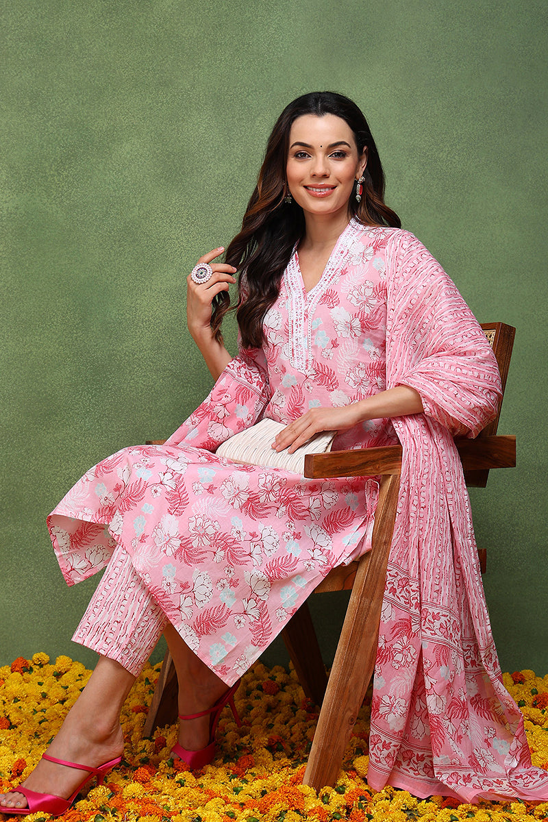 Pink Pure Cotton Floral Printed Straight Suit Set JPSKD1015PNK