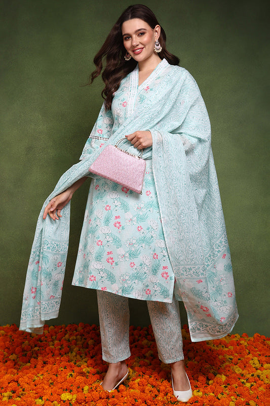 Teal Pure Cotton Floral Printed Straight Suit Set JPSKD1015TIL