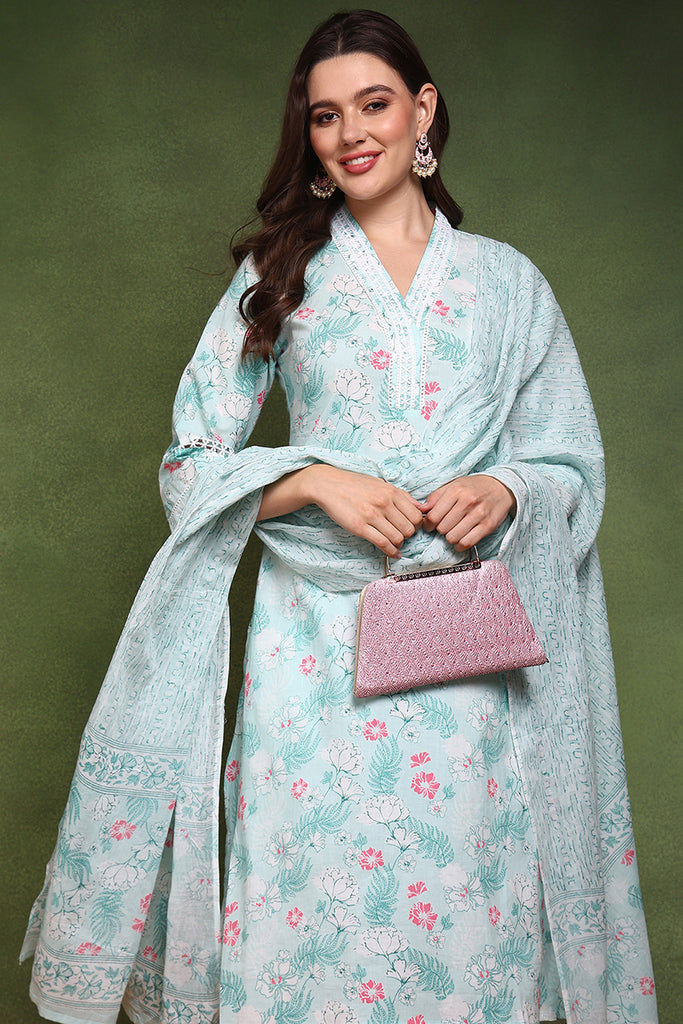 Teal Pure Cotton Floral Printed Straight Suit Set JPSKD1015TIL