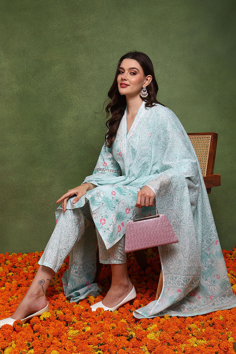 Teal Pure Cotton Floral Printed Straight Suit Set JPSKD1015TIL