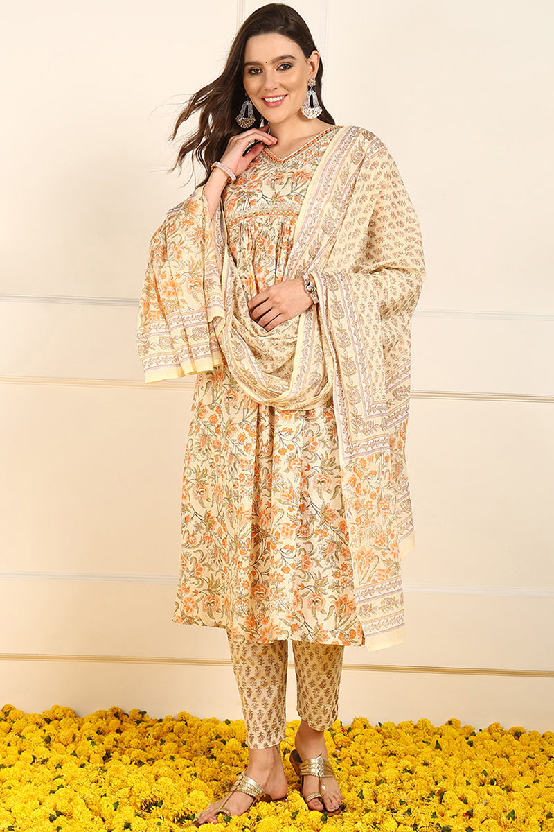 Orange Pure Cotton Floral Embroidered Straight Suit Set JPSKD1017ORG