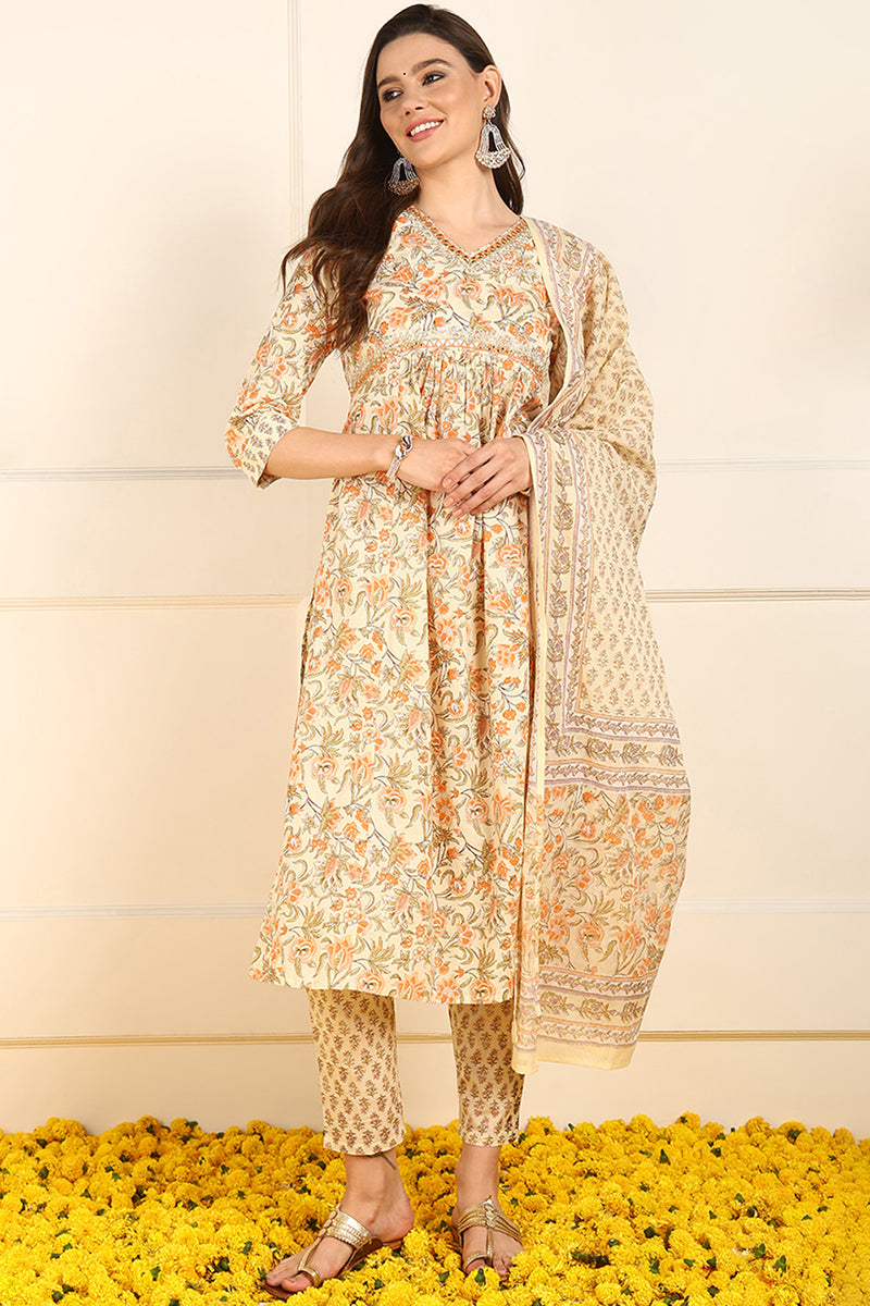 Orange Pure Cotton Floral Embroidered Straight Suit Set JPSKD1017ORG