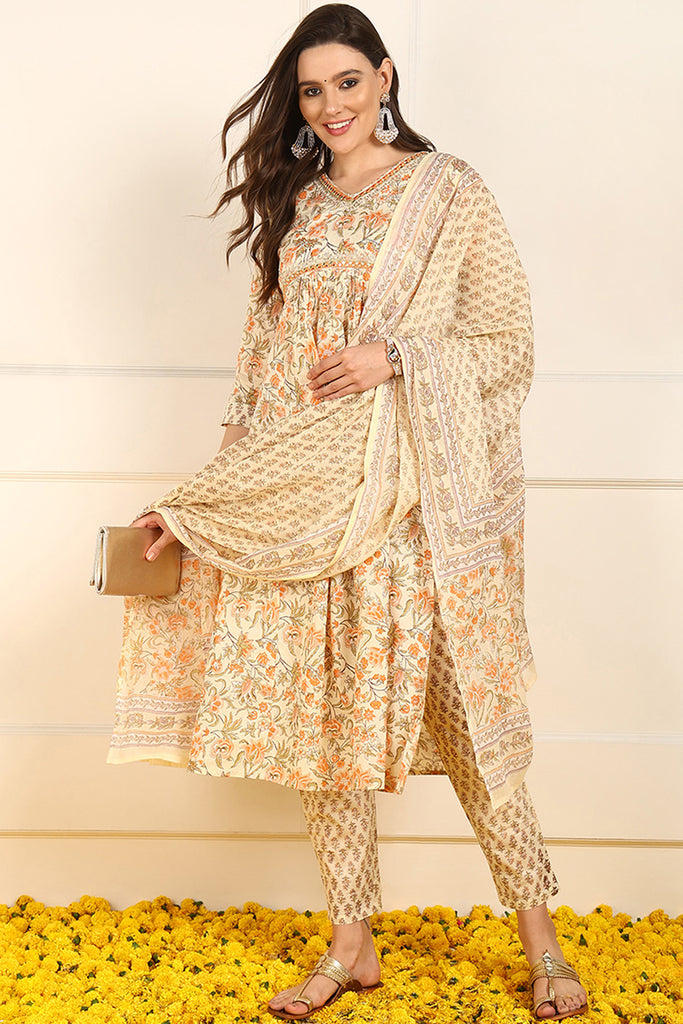 Orange Pure Cotton Floral Embroidered Straight Suit Set JPSKD1017ORG