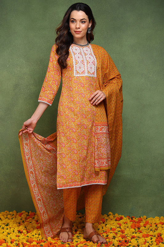 Mustard Yellow Pure Cotton Paisley Embroidered Straight Suit Set JPSKD1018MYLW