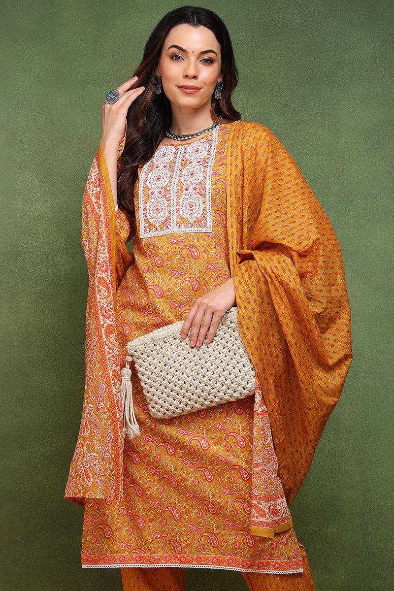 Mustard Yellow Pure Cotton Paisley Embroidered Straight Suit Set JPSKD1018MYLW