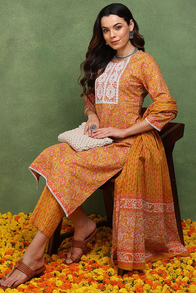 Mustard Yellow Pure Cotton Paisley Embroidered Straight Suit Set JPSKD1018MYLW