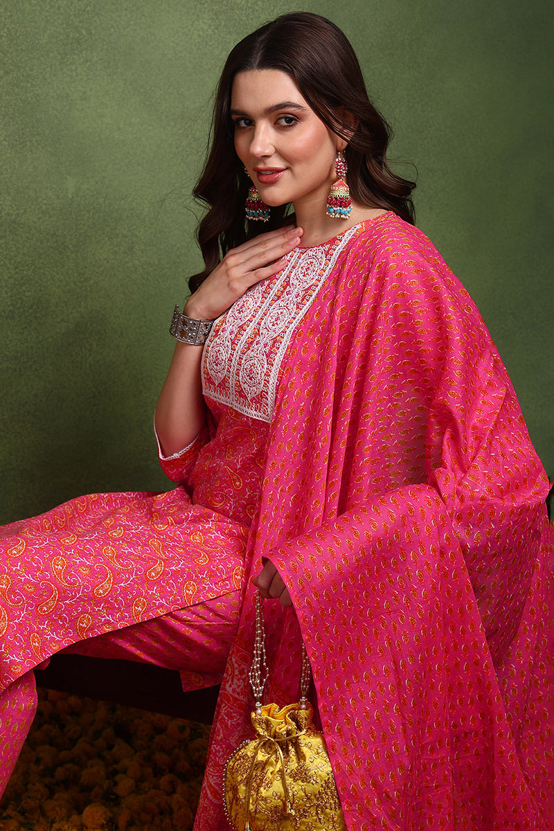 Pink Pure Cotton Paisley Embroidered Straight Suit Set JPSKD1018PNK