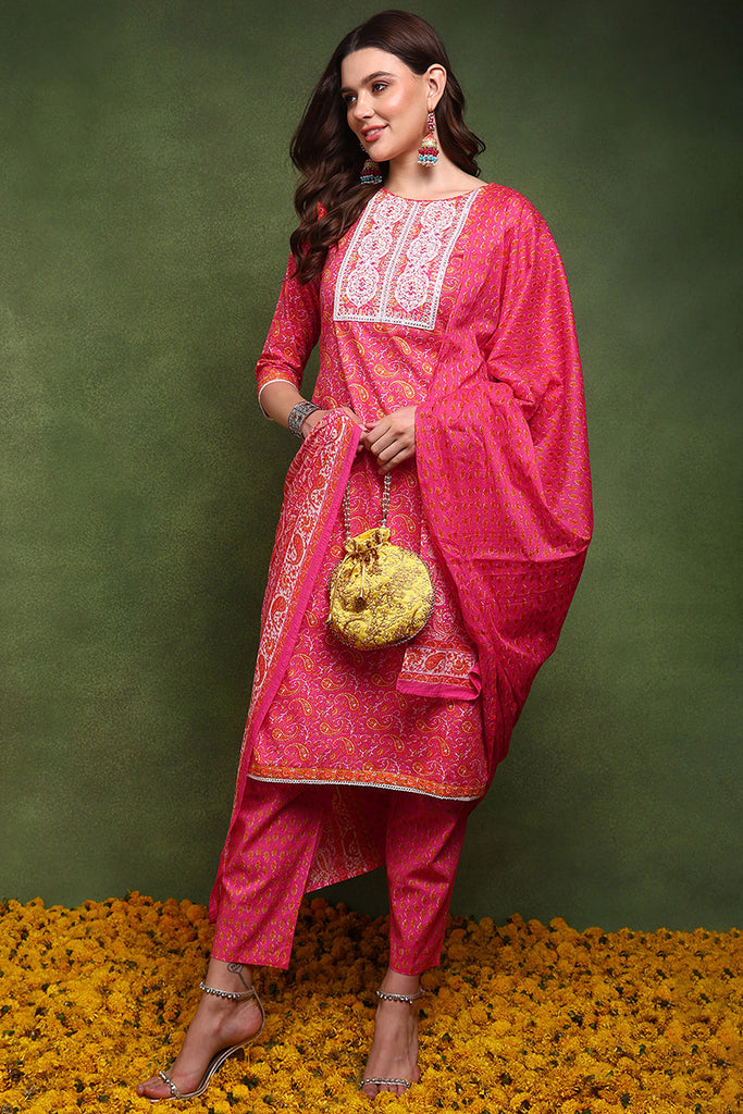 Pink Pure Cotton Paisley Embroidered Straight Suit Set JPSKD1018PNK