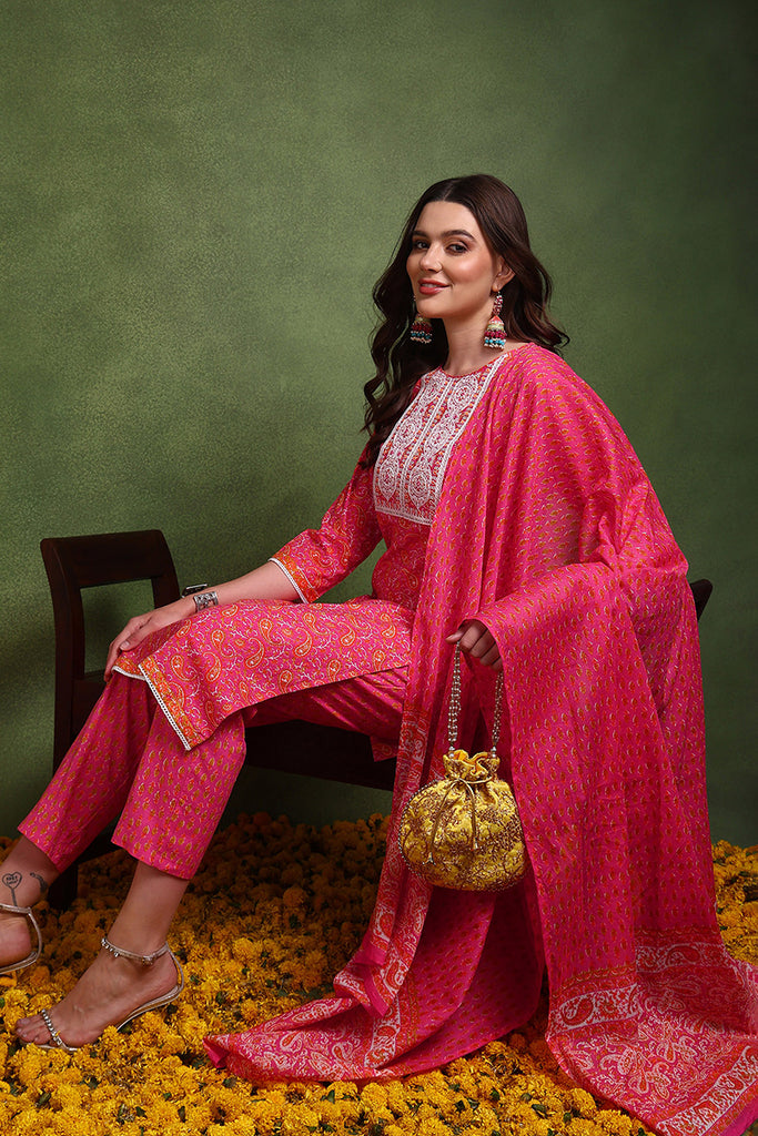 Pink Pure Cotton Paisley Embroidered Straight Suit Set JPSKD1018PNK