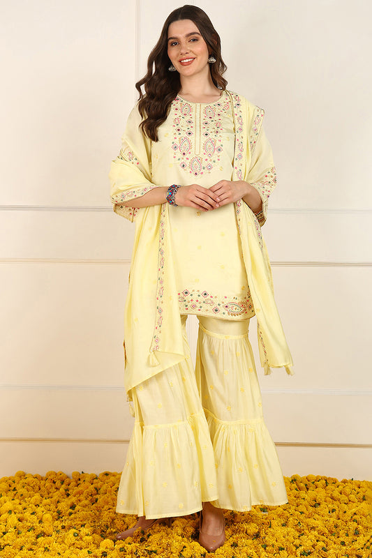 Yellow Silk Blend Embroidered Straight Suit Set JPSKD1021YLW