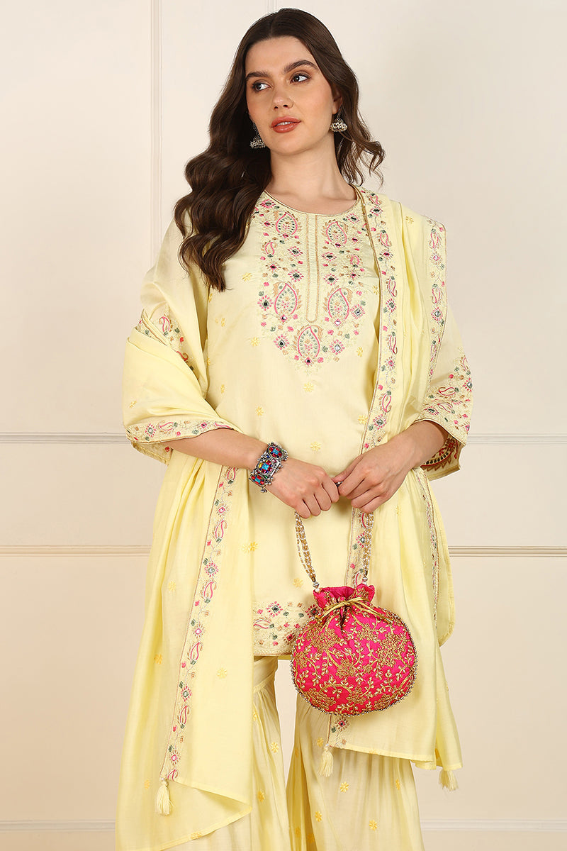 Yellow Silk Blend Embroidered Straight Suit Set JPSKD1021YLW