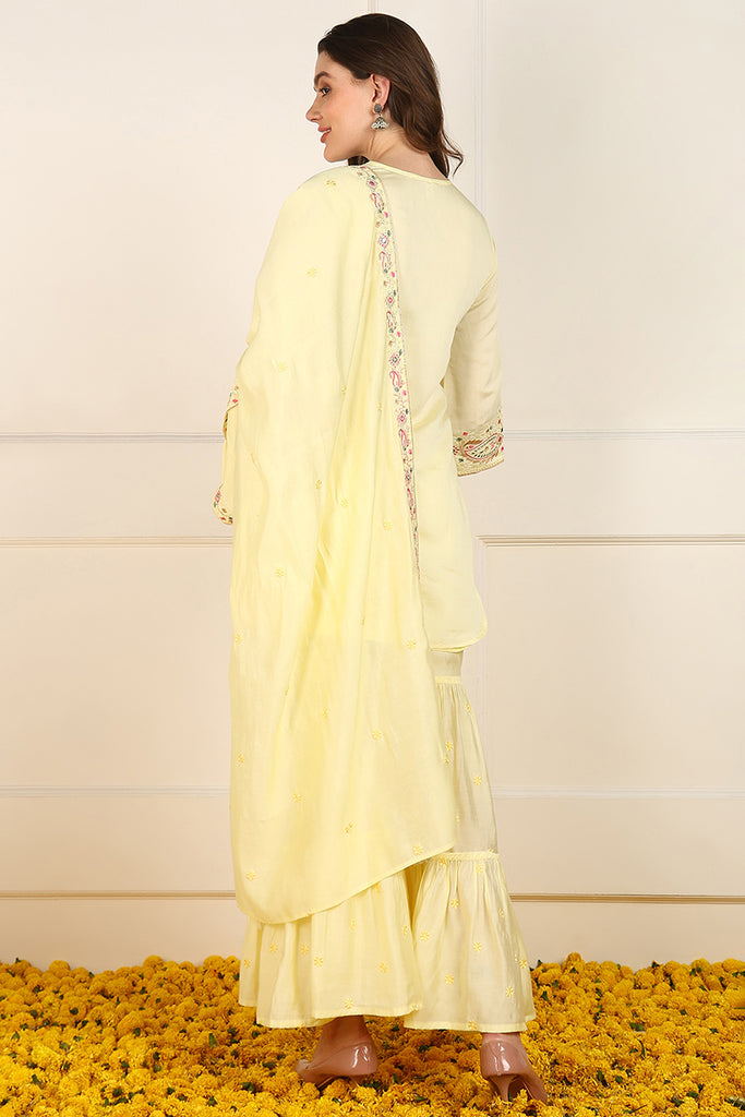 Yellow Silk Blend Embroidered Straight Suit Set JPSKD1021YLW