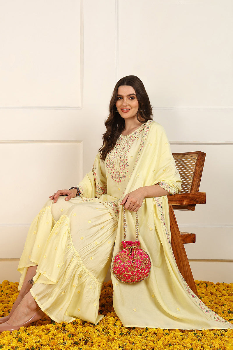 Yellow Silk Blend Embroidered Straight Suit Set JPSKD1021YLW