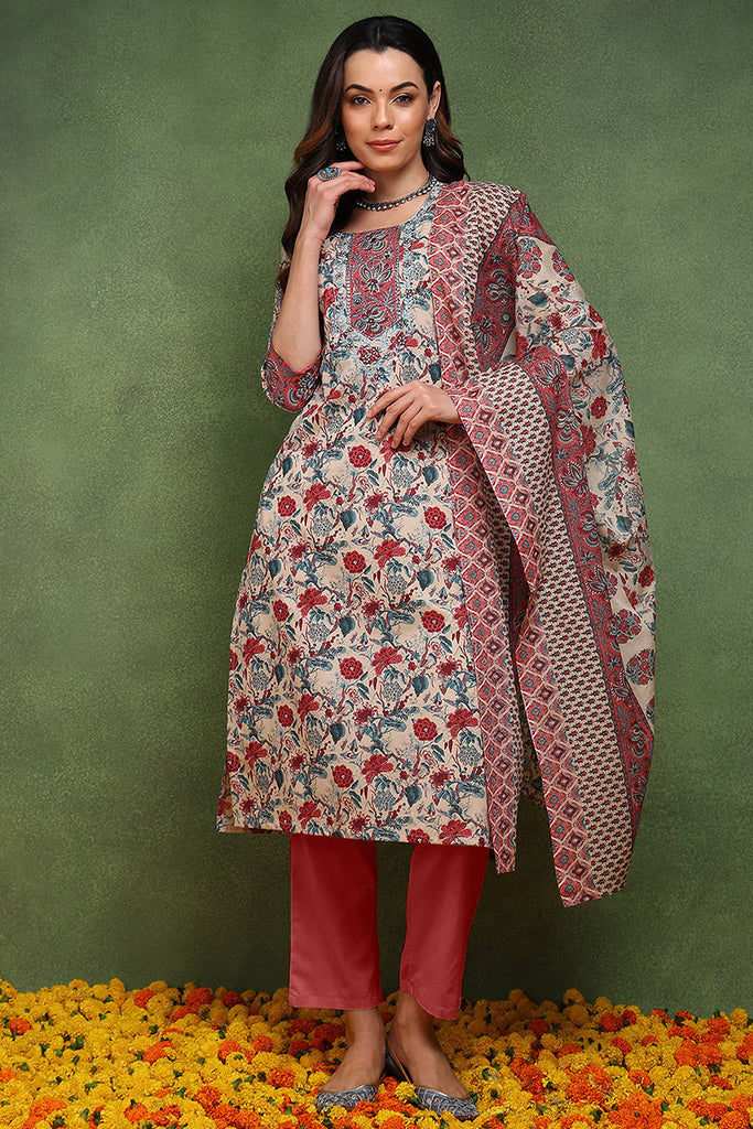 Red Pure Cotton Floral Embroidered Straight Suit Set JPSKD1022RED