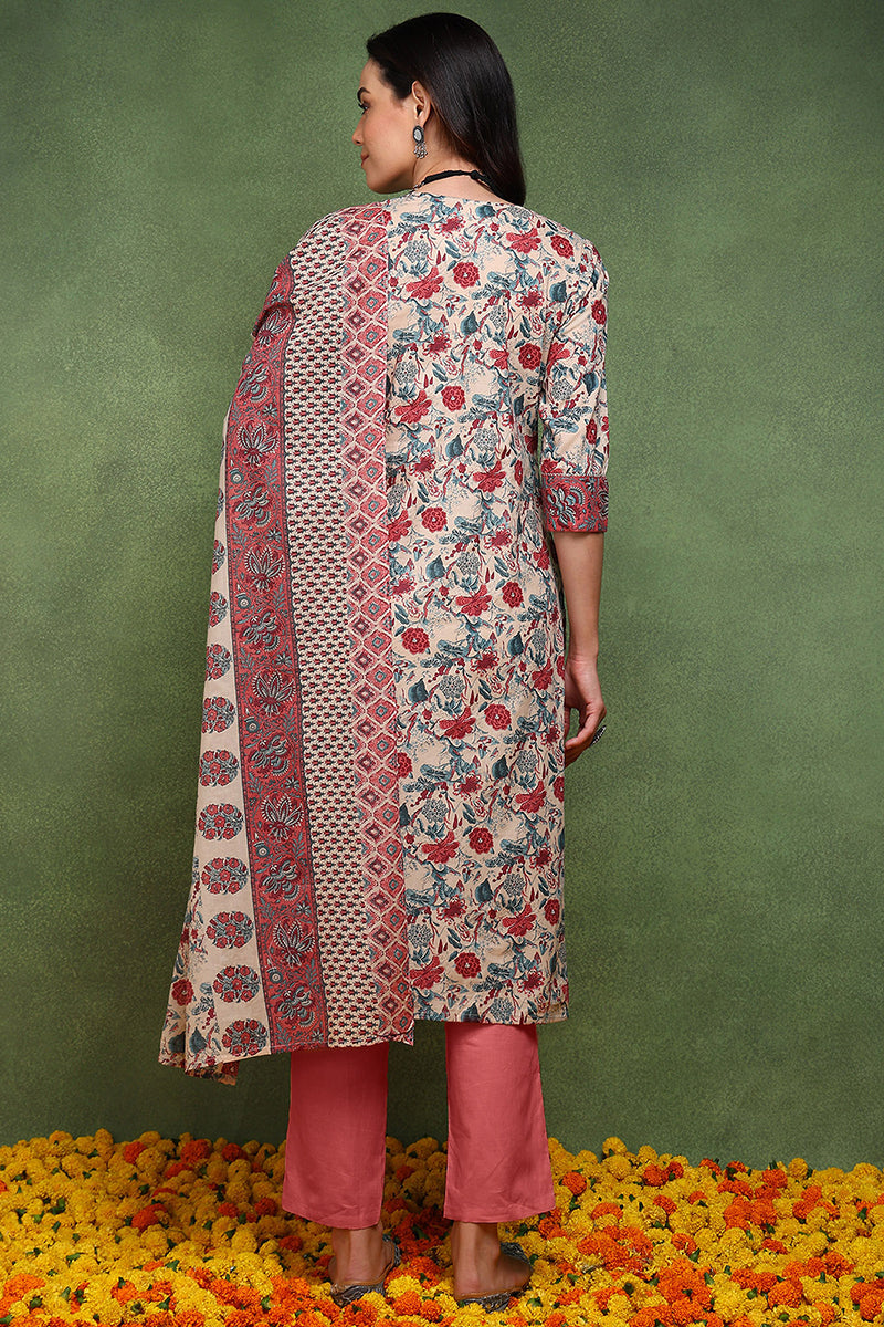 Red Pure Cotton Floral Embroidered Straight Suit Set JPSKD1022RED