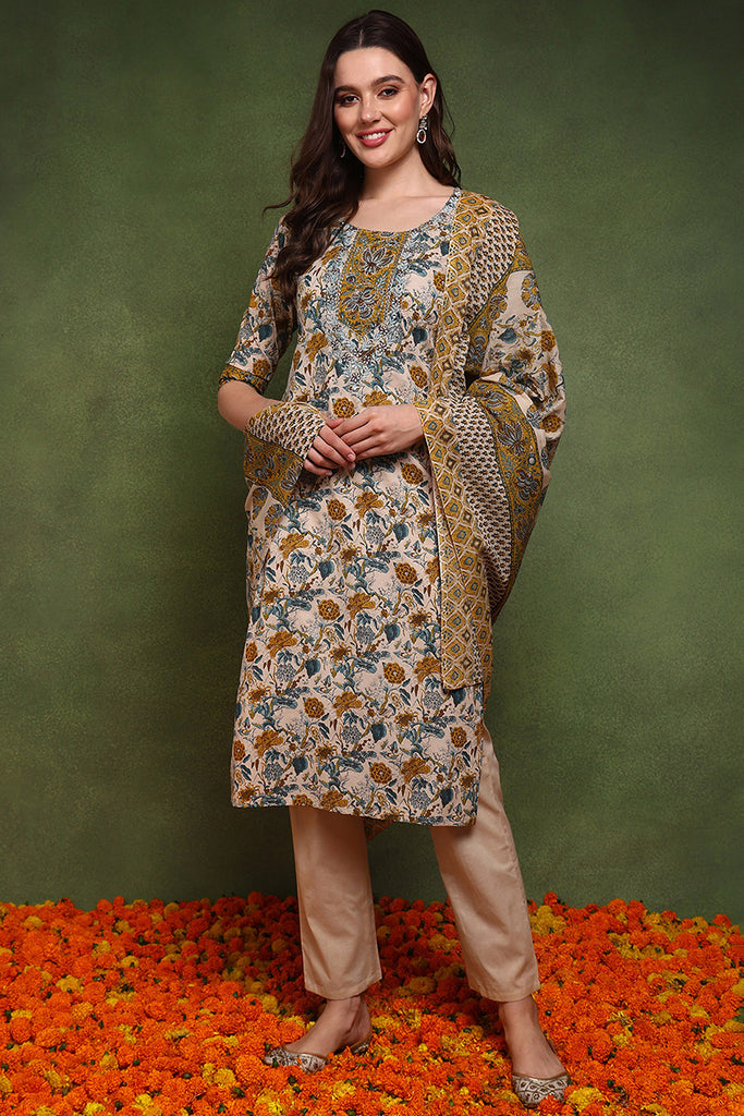 Cream Pure Cotton Floral Embroidered Straight Suit Set JPSKD1022YLW