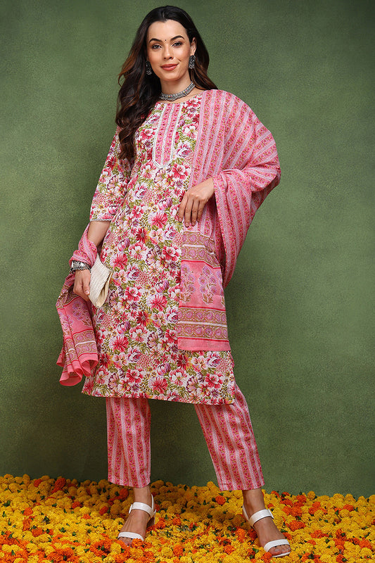 Pink Pure Cotton Floral Printed Straight Suit Set JPSKD1023PNK