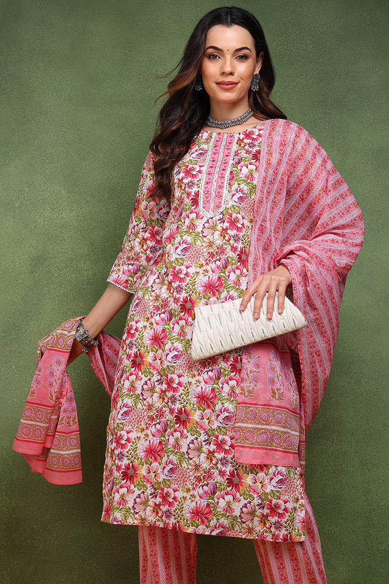 Pink Pure Cotton Floral Printed Straight Suit Set JPSKD1023PNK