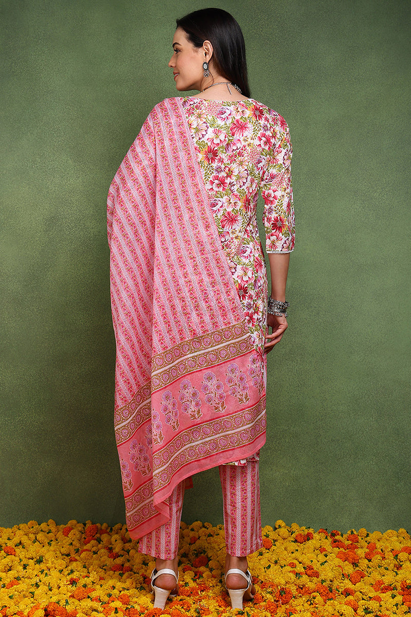 Pink Pure Cotton Floral Printed Straight Suit Set JPSKD1023PNK