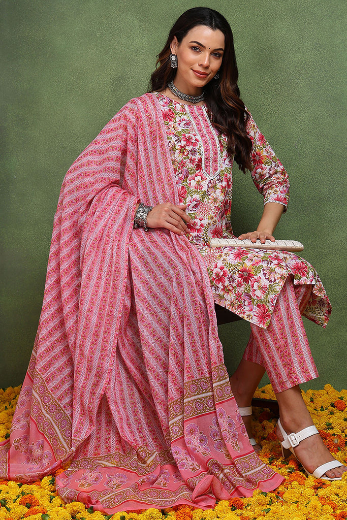 Pink Pure Cotton Floral Printed Straight Suit Set JPSKD1023PNK