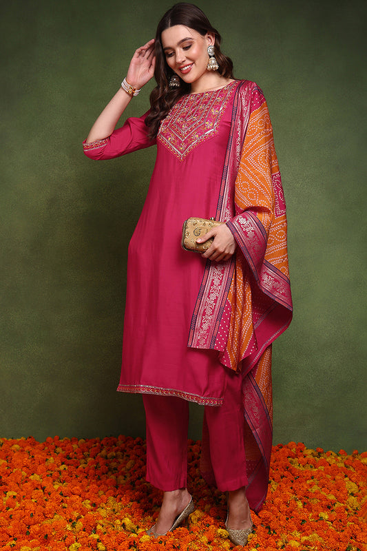 Pink Silk Blend Solid Embroidered Straight Suit Set JPSKD1024PNK