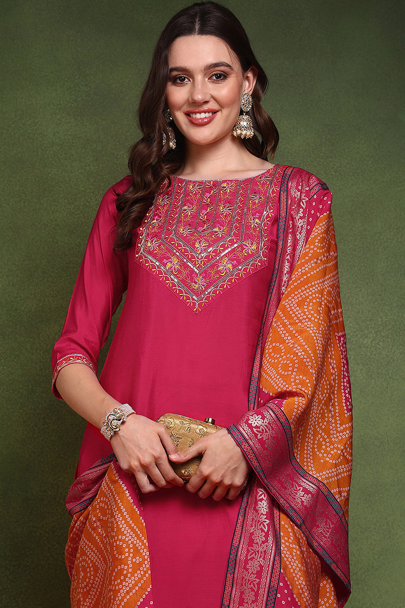 Pink Silk Blend Solid Embroidered Straight Suit Set JPSKD1024PNK