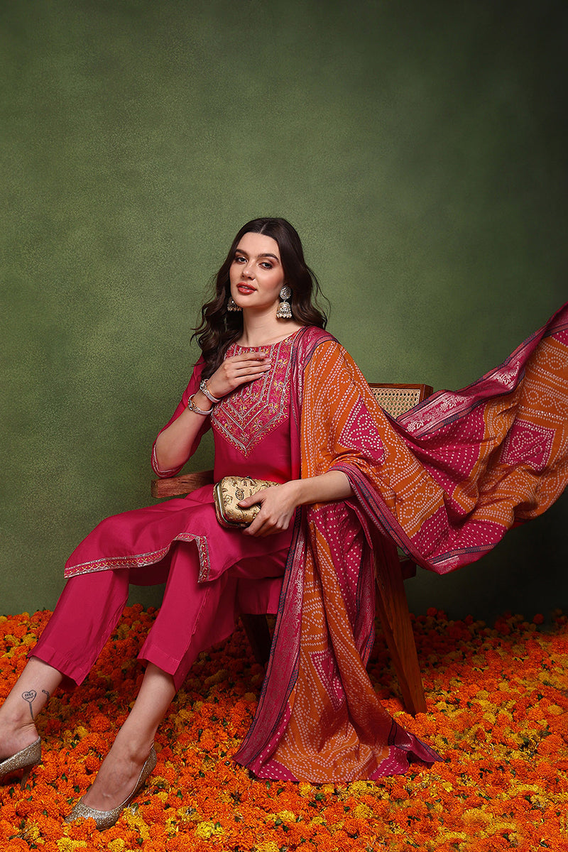 Pink Silk Blend Solid Embroidered Straight Suit Set JPSKD1024PNK